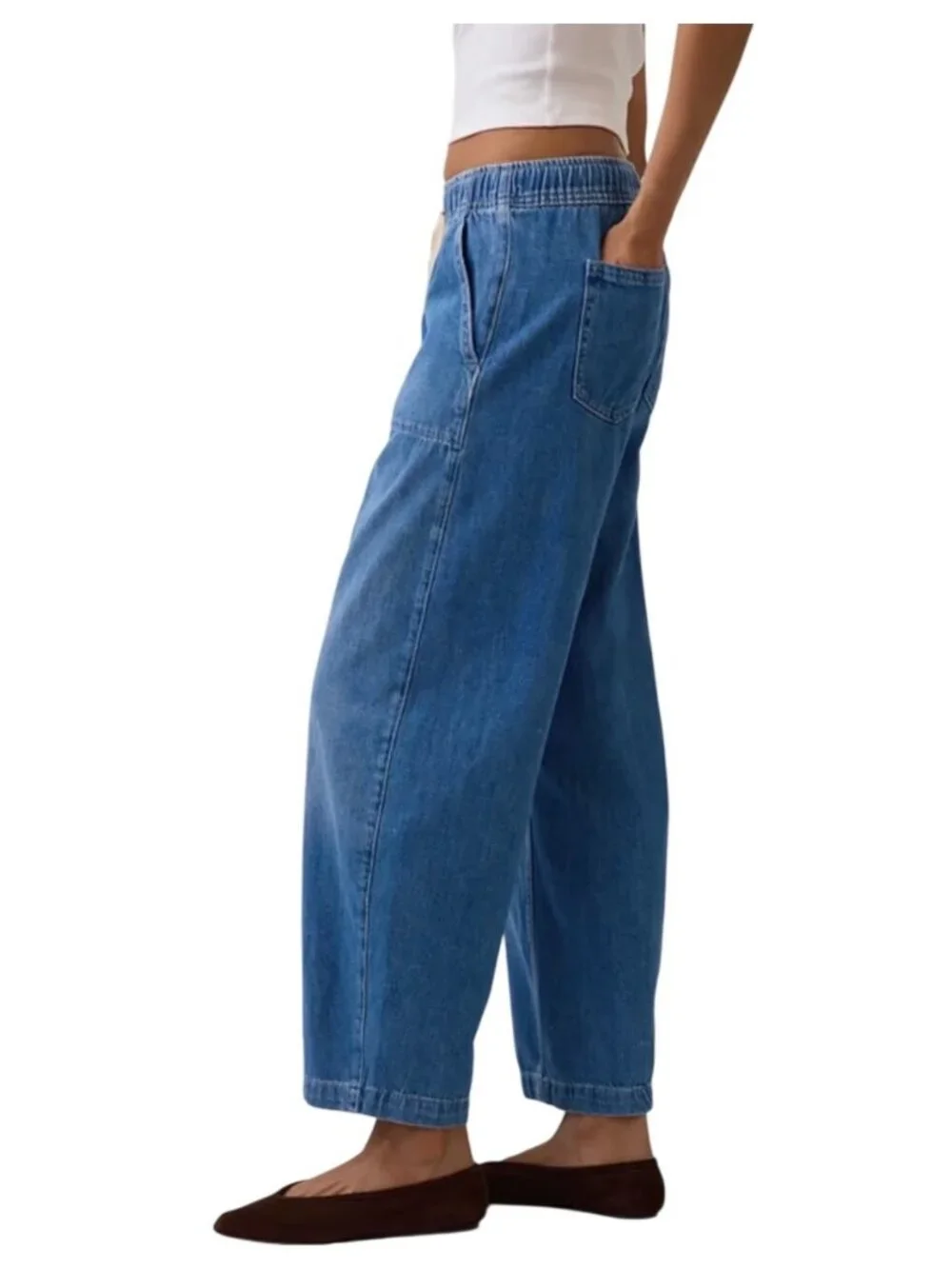 Gap The easy barrel patch pocket Jeans indigo XS Petite Denim Drawstring Wide-Le - Picture 2 of 11